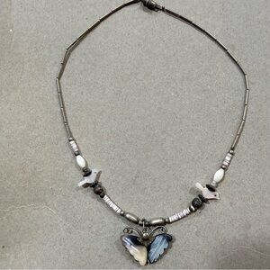 Vintage Boho Black White Butterfly Moth Bird Liquid Silver Necklace